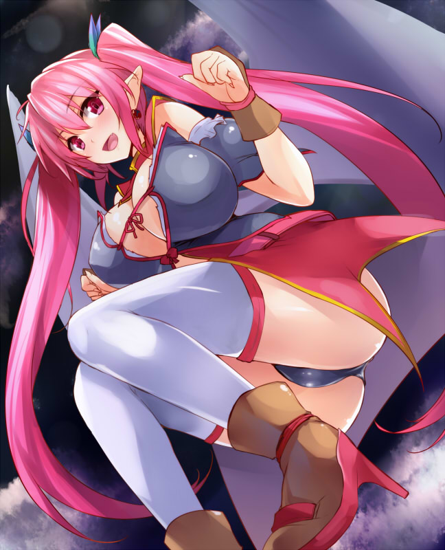 1girl :d boots breasts brown_shoes character_request cleavage goban high_heel_boots high_heels kou_1_desu_ga_isekai_de_joushu_hajimemashita large_breasts long_hair open_mouth pink_hair shoes smile solo thigh-highs twintails valkyria_(kou_1) very_long_hair white_legwear