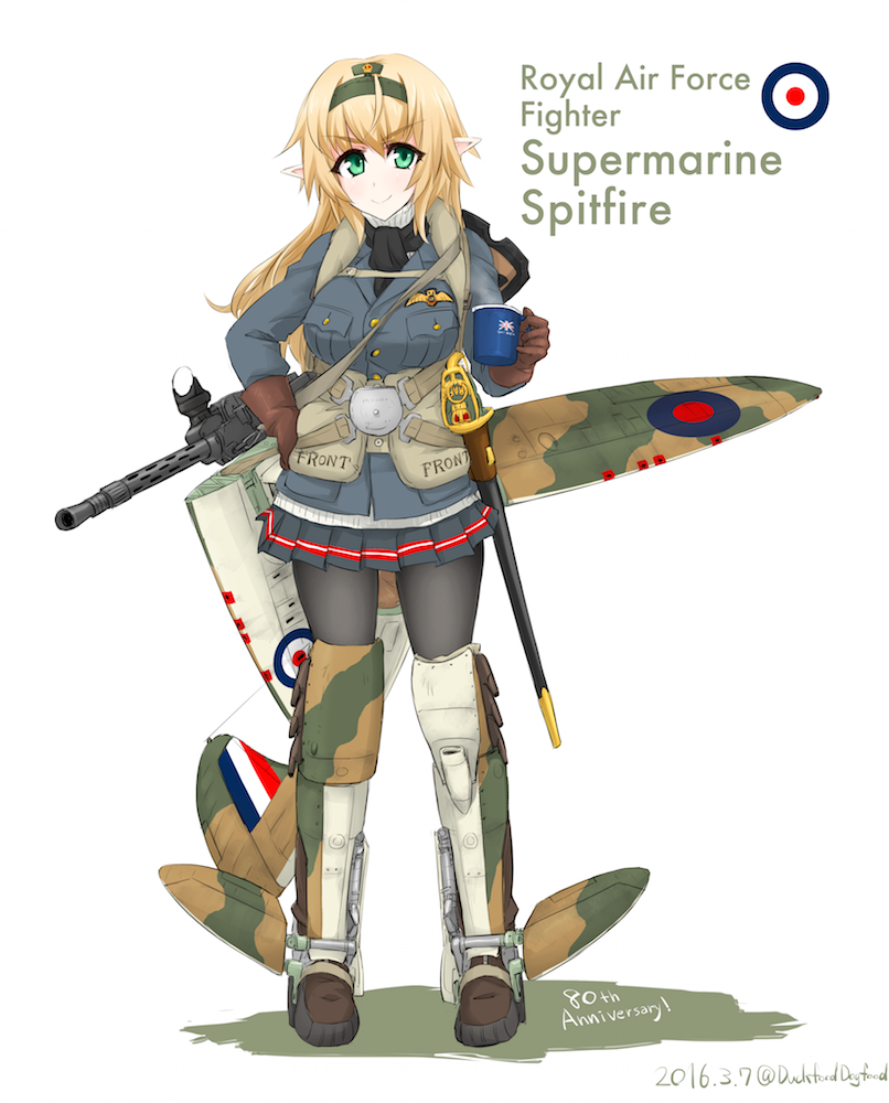 1girl airplane_wing blonde_hair blue_jacket boots buttons cup dakku_(ogitsune) english eyebrows_visible_through_hair full_body gloves green_eyes gun hairband holding holding_cup jacket long_hair long_sleeves machine_gun machinery mecha_musume military military_jacket military_uniform miniskirt original pantyhose personification pointy_ears royal_air_force scabbard scarf sheath sheathed skirt smile solo supermarine_spitfire sweater sword uniform union_jack weapon wings