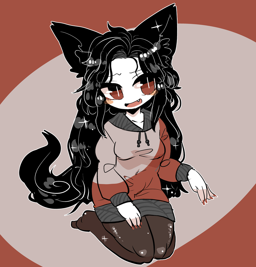 1girl adapted_costume animal_ears black_hair blush_stickers breasts brown_legwear fang hand_gesture imaizumi_kagerou lavender_background long_hair magenta_background nail_polish no_shoes pantyhose red_eyes red_nails seiza shiny shiny_hair sitting small_breasts solo sweater tail talking touhou two-tone_background very_long_hair wolf_ears wolf_tail yt_(wai-tei)