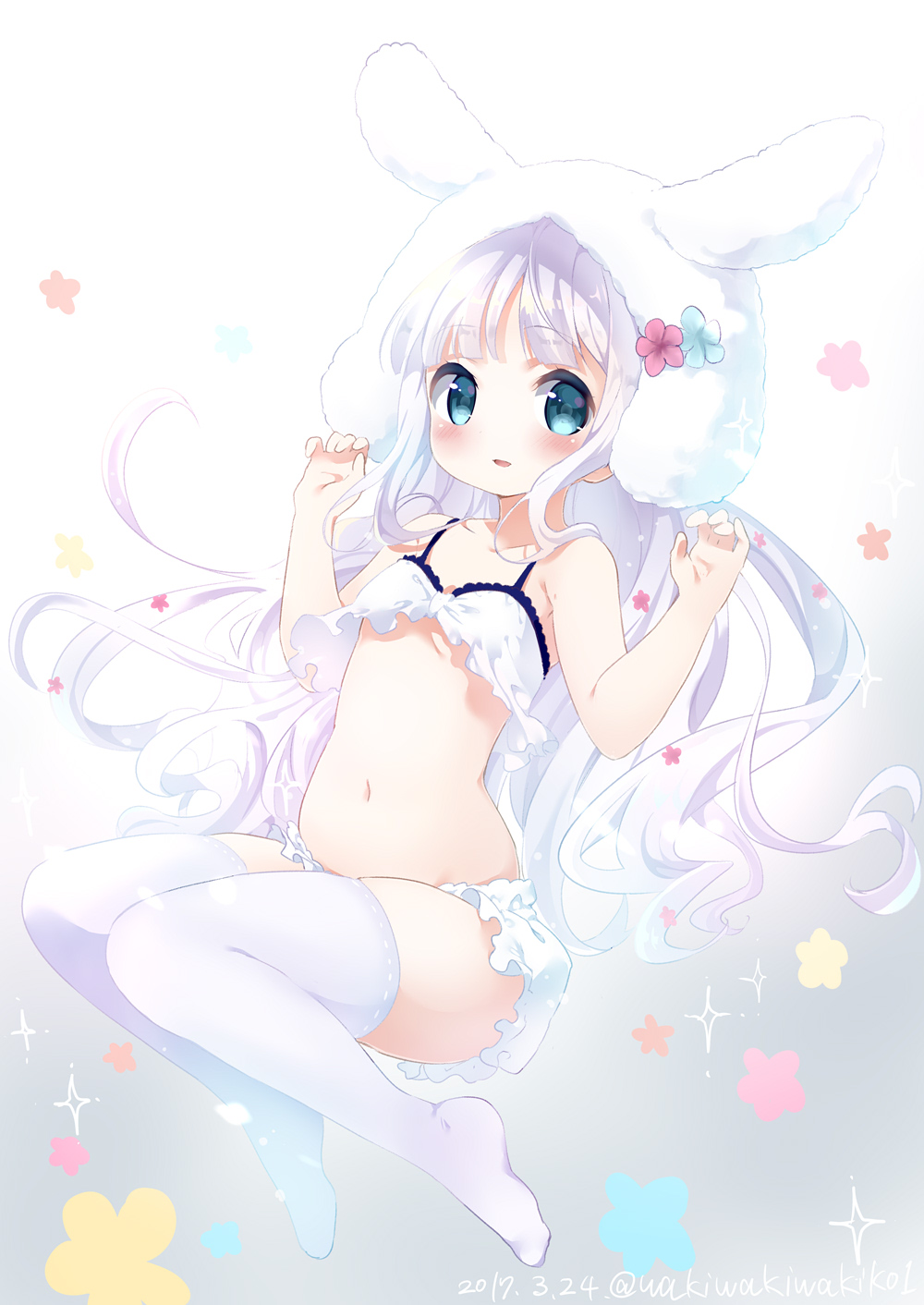 1girl animal_ears animal_hat babydoll bloomers blue_eyes blush breasts bunny_hat commentary_request dated full_body hat highres long_hair looking_at_viewer navel neki_(wakiko) no_shoes open_mouth original rabbit_ears ribbon-trimmed_thighhighs silver_hair small_breasts smile solo thigh-highs twitter_username underwear underwear_only very_long_hair white_legwear