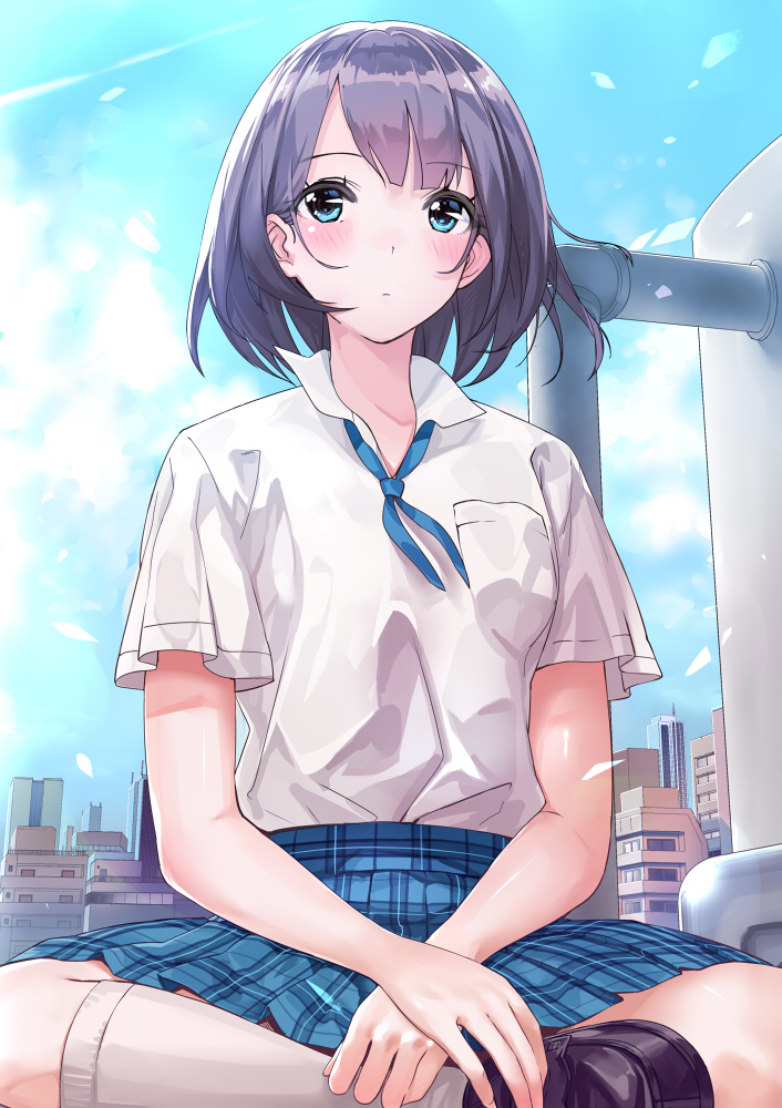 1girl blue_eyes blush cityscape indian_style kinugasa_yuuichi kneehighs loafers original plaid plaid_skirt pleated_skirt purple_hair school_uniform shoes short_hair sitting skirt sky solo