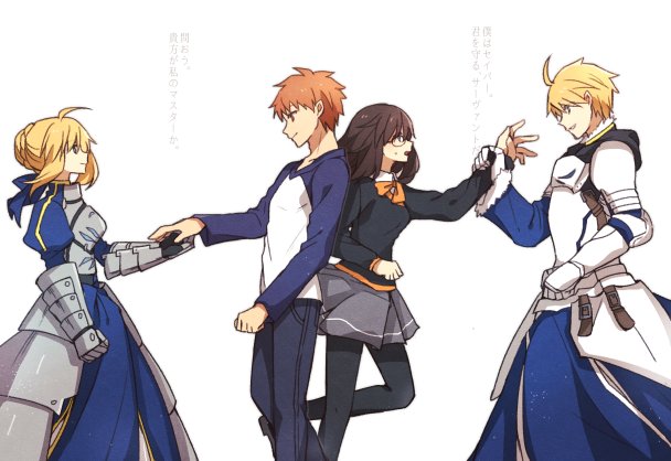 2boys 2girls ahoge armor armored_dress blonde_hair blue_eyes brown_hair dual_persona emiya_shirou fate/prototype fate/stay_night fate_(series) gauntlets glasses green_eyes hair_bun hair_ribbon long_hair multiple_boys multiple_girls orange_hair ribbon saber saber_(fate/prototype) sajou_ayaka short_hair skirt smile translation_request white_background