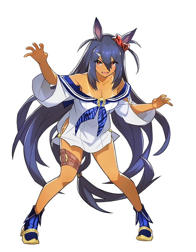 1girl animal_ears artist_request bare_shoulders blue_hair blush breasts cleavage fang full_body hair_between_eyes hair_ornament hairclip hishi_amazon long_hair looking_at_viewer off_shoulder official_art open_mouth orange_eyes outstretched_arms school_uniform scrunchie serafuku shoes solo standing tan tanline thigh_strap transparent_background umamusume very_long_hair