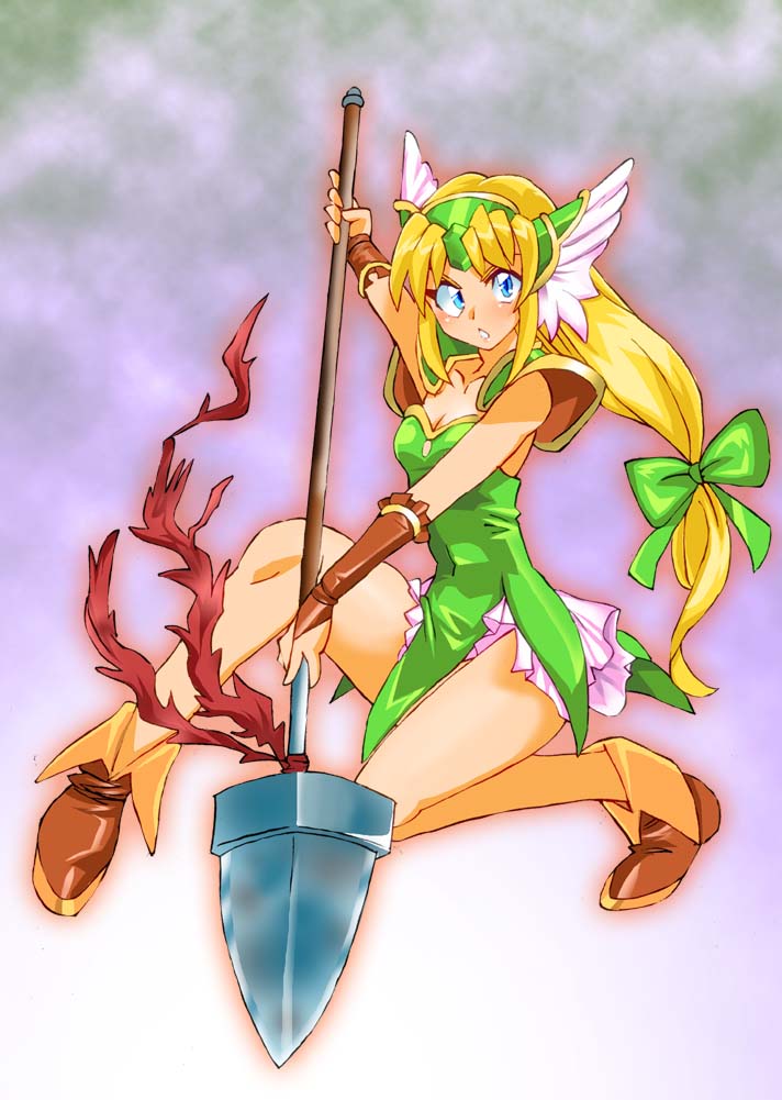 1girl blonde_hair blue_eyes blush boots bow breasts brown_boots cleavage dress forehead_jewel full_body gloves green_bow green_dress hair_bow helmet holding holding_weapon long_hair looking_at_viewer low-tied_long_hair onnaski riesz seiken_densetsu seiken_densetsu_3 solo very_long_hair weapon winged_helmet