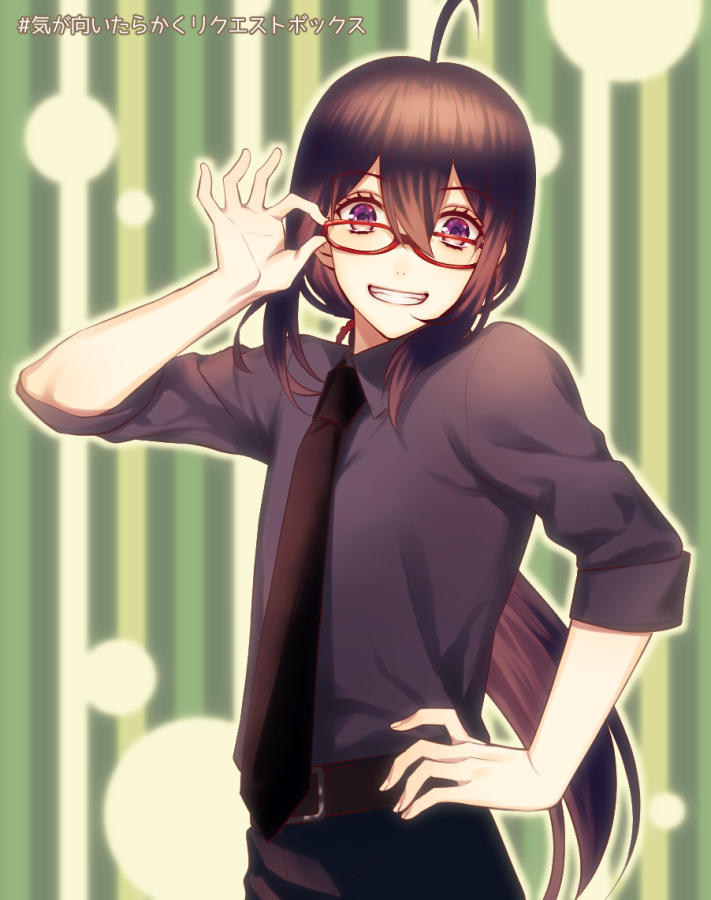 1boy adjusting_glasses ahoge bespectacled black_hair glasses grin hand_on_hip male_focus namazuo_toushirou necktie ponytail red-framed_eyewear smile striped striped_background touken_ranbu translation_request violet_eyes yuzuki_kaoru