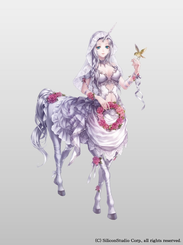 1girl akkrs bird blue_eyes braid breasts centaur cleavage company_name flower full_body grey_background grey_hair gyakushuu_no_fantasica head_wreath horn jewelry leaf long_hair monster_girl navel necklace official_art simple_background solo veil