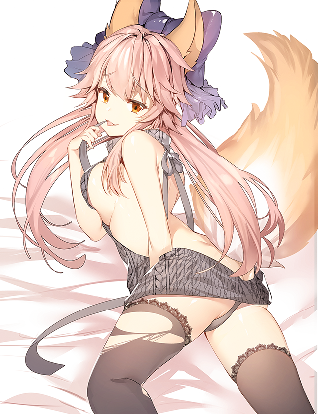 1girl aile_(crossroads) alternate_costume animal_ears backless_outfit bangs bare_arms bare_shoulders black_legwear black_panties bow breasts dress fate/extra fate_(series) fox_ears fox_tail from_behind hair_bow hair_ribbon halterneck lace lace-trimmed_thighhighs large_breasts long_hair looking_at_viewer looking_back low_twintails meme_attire naughty_face no_bra orange_eyes panties pink_hair purple_bow purple_ribbon ribbon solo sweater sweater_dress tail tamamo_(fate)_(all) tamamo_no_mae_(fate) thigh-highs tongue tongue_out torn_clothes torn_thighhighs twintails underwear virgin_killer_sweater