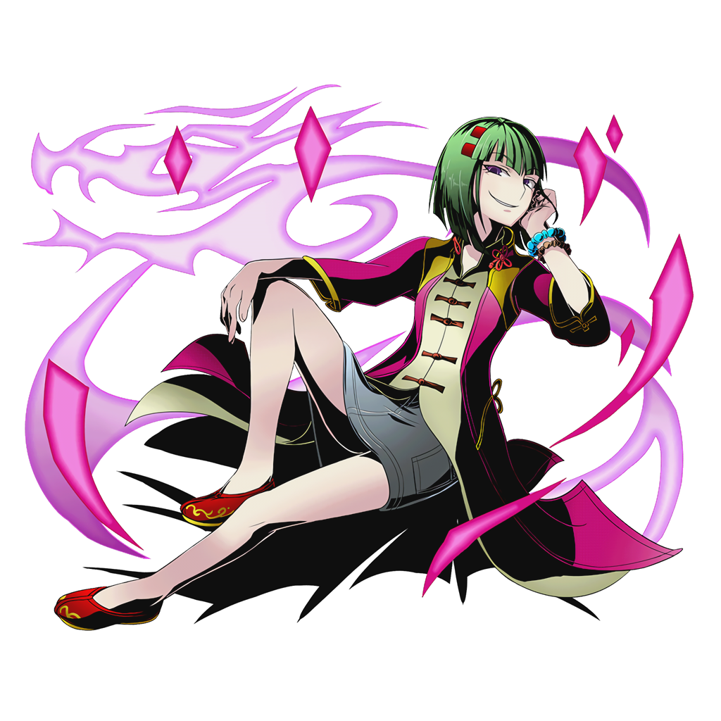 1girl black_skirt bracelet divine_gate eyebrows_visible_through_hair full_body green_hair grin hair_ornament jewelry looking_at_viewer naaga_(shinsei_sekai_hyougi_kai) official_art red_shoes shadow shinsei_sekai_hyougi_kai shoes short_hair skirt smile solo transparent_background ucmm violet_eyes