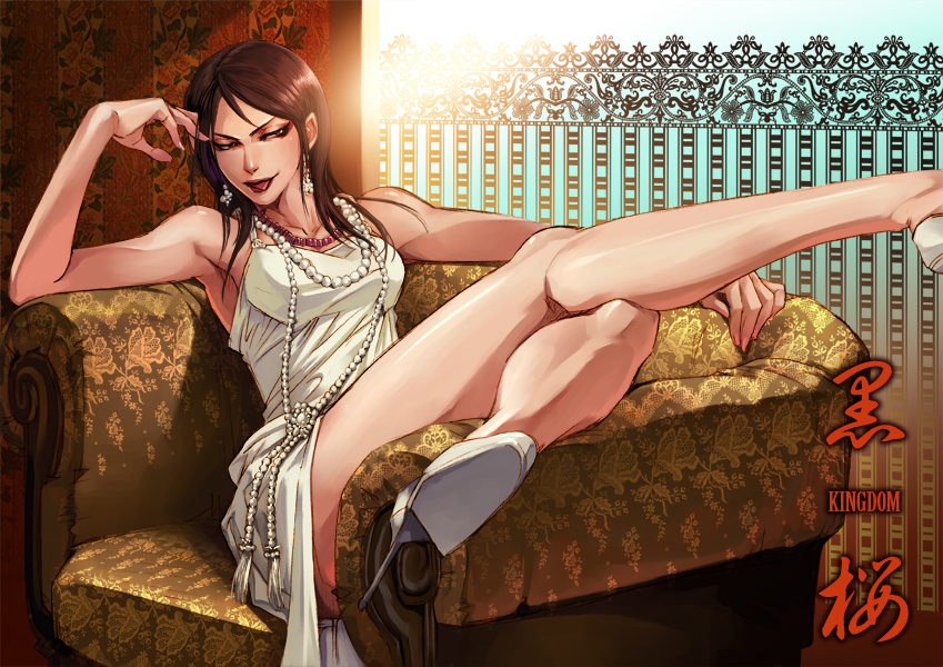 1girl :p black_hair character_name copyright_name couch dress earrings high_heels jewelry kingdom kokuou_(kingdom) long_hair necklace solo tongue tongue_out white_dress yona_(edenkasuga)
