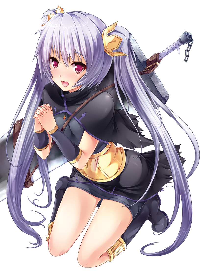 1girl :d bangs black_boots black_dress blush boots breasts capelet crown dress full_body gluteal_fold goban hair_ornament hands_clasped huge_weapon kayuu_(sangoku_hime) long_hair looking_at_viewer medium_breasts open_mouth purple_hair sangoku_hime sangoku_hime_3 short_dress smile solo sword two_side_up vambraces very_long_hair violet_eyes weapon weapon_on_back