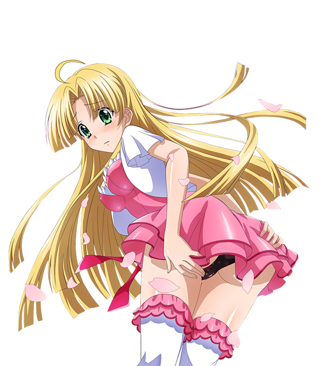 1girl ahoge asia_argento ass black_panties blonde_hair blush cherry_blossoms dress eyebrows_visible_through_hair floating_hair green_eyes high_school_dxd leaning_forward long_hair panties pink_dress solo standing thighhighs transparent_background underwear very_long_hair white_legwear