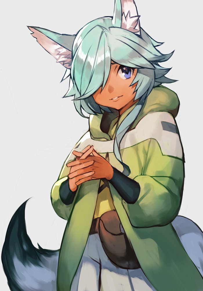 1boy animal_ears aqua_hair blue_eyes dark_skin fanny_pack fox_ears fox_tail grey_background gundam_build_divers_re:rise hair_over_one_eye hair_over_shoulder hands_clasped hankuri hood jacket long_sleeves looking_to_the_side own_hands_together parted_lips parviz_(gundam_build_divers_re:rise) shiny shiny_hair simple_background smile solo tail