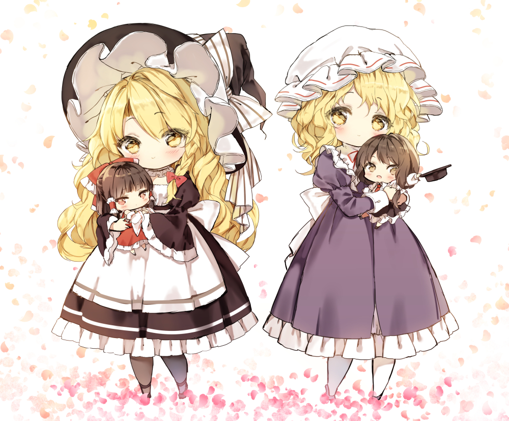 4girls :&gt; apron black_hat black_skirt blonde_hair bow braid brown_eyes brown_hair carrying chibi detached_sleeves dress hair_bow hair_tubes hakurei_reimu hat hat_bow kirisame_marisa long_hair long_sleeves looking_at_viewer maribel_hearn mob_cap multiple_girls piyokichi purple_dress red_bow red_eyes red_skirt side_braid skirt smile touhou usami_renko white_bow wide_sleeves witch_hat wrist_cuffs yellow_eyes