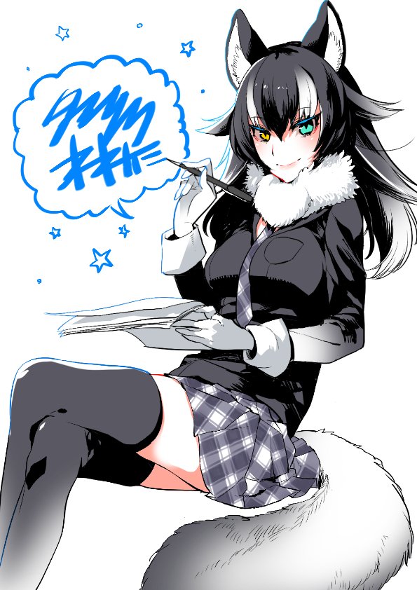 1girl animal_ears between_breasts black_hair black_legwear blue_eyes breasts checkered checkered_skirt fur_collar gloves grey_wolf_(kemono_friends) heterochromia holding holding_paper holding_pen kashi-k kemono_friends legs_crossed long_hair long_sleeves looking_at_viewer multicolored_hair necktie necktie_between_breasts paper simple_background sitting skirt solo speech_bubble star tail thigh-highs two-tone_hair white_background white_gloves wolf_ears wolf_tail yellow_eyes zettai_ryouiki