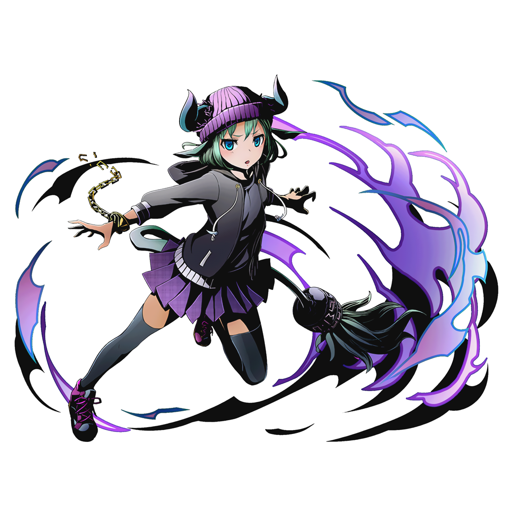 1girl aqua_hair black_jacket black_legwear black_shirt bracelet divine_gate full_body hat horns jacket jewelry kami_juusha kikyou_(kami_juusha) official_art open_clothes open_jacket outstretched_arms pleated_skirt purple_hat purple_skirt shirt shoes short_hair skirt solo tail thigh-highs transparent_background ucmm zettai_ryouiki