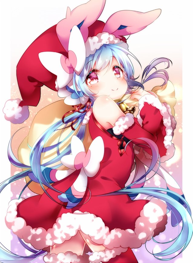 animal_ears bangs bell blue_hair blush bow character_request commentary_request copyright_request detached_sleeves dress flower from_side fur-trimmed_dress fur-trimmed_legwear fur-trimmed_sleeves fur_trim hair_bow hair_flower hair_ornament hair_ribbon hat heart heart-shaped_pupils kofa_(ikyurima) long_hair looking_at_viewer mole mole_under_eye rabbit_ears red_eyes ribbon sack santa_costume santa_hat smile solo symbol-shaped_pupils thigh-highs twintails