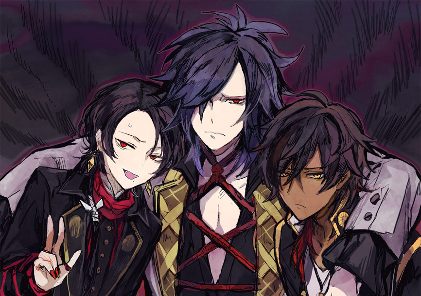 3boys boy_sandwich brown_hair dark_skin dark_skinned_male earrings fang grey_hair hair_over_one_eye jewelry kantarou_(8kan) kashuu_kiyomitsu mole mole_under_mouth multiple_boys nail_polish oodenta_mitsuyo ookurikara open_mouth red_eyes red_nails rope sandwiched scarf smile touken_ranbu v yellow_eyes