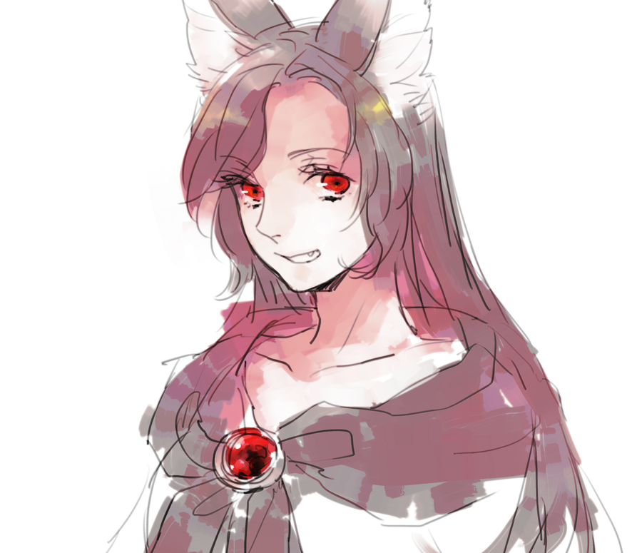 1girl animal_ears asakura_noi brooch brown_hair collarbone fang imaizumi_kagerou jewelry long_hair looking_at_viewer open_mouth red_eyes sketch solo touhou upper_body wolf_ears