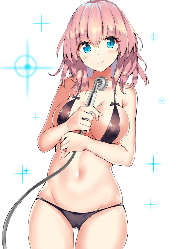 1girl bangs bikini black_bikini blue_eyes blush breasts closed_mouth cowboy_shot eyebrows_visible_through_hair groin long_hair medium_breasts micro_bikini navel original pink_hair rinaka_moruchi shower_head smile solo stomach swimsuit