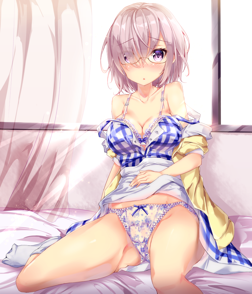 1girl bra breasts cleavage eyebrows_visible_through_hair fate/grand_order fate_(series) fukuda_shuushi glasses highres large_breasts panties plaid purple_hair shielder_(fate/grand_order) short_hair solo strap_slip sunlight underwear violet_eyes window