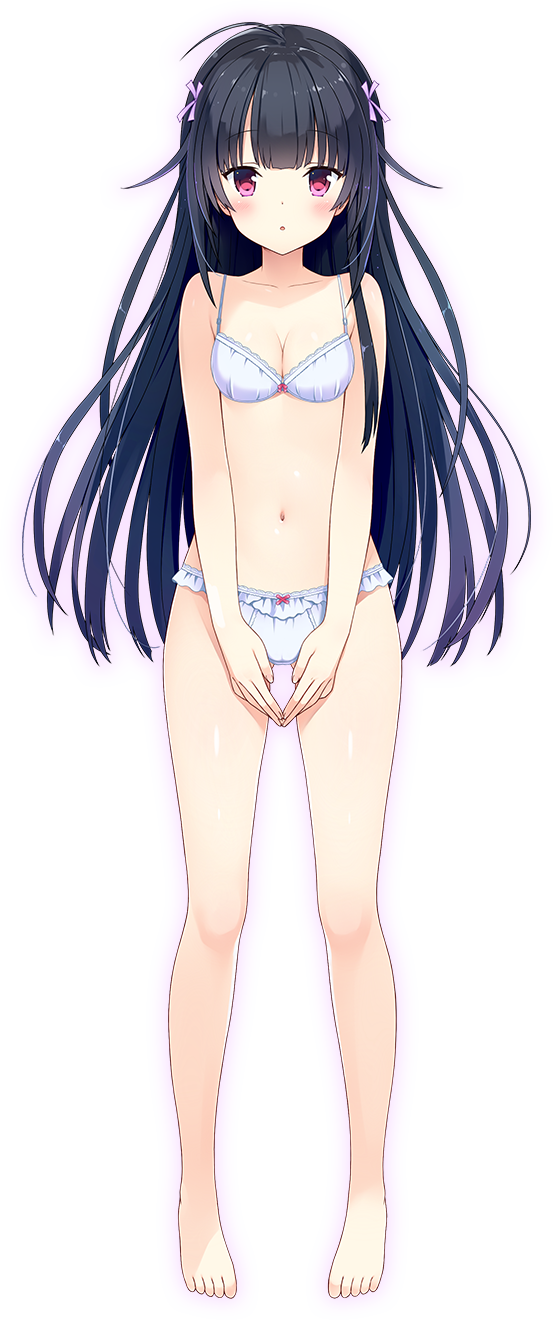 1girl :o barefoot black_hair blush bow bow_panties bra breasts fingers_together full_body highres kurasawa_moko long_hair looking_at_viewer medium_breasts navel panties red_eyes solo transparent_background underwear underwear_only v_arms white_bra white_panties