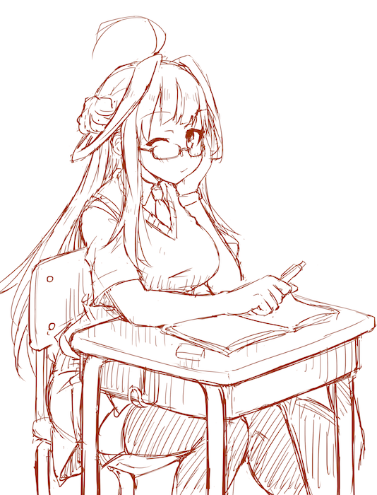 1girl alternate_costume book chair dakku_(ogitsune) desk double_bun eraser glasses holding holding_pen kantai_collection kongou_(kantai_collection) long_hair necktie one_eye_closed pen school_desk school_uniform shirt sitting skirt solo thigh-highs vest