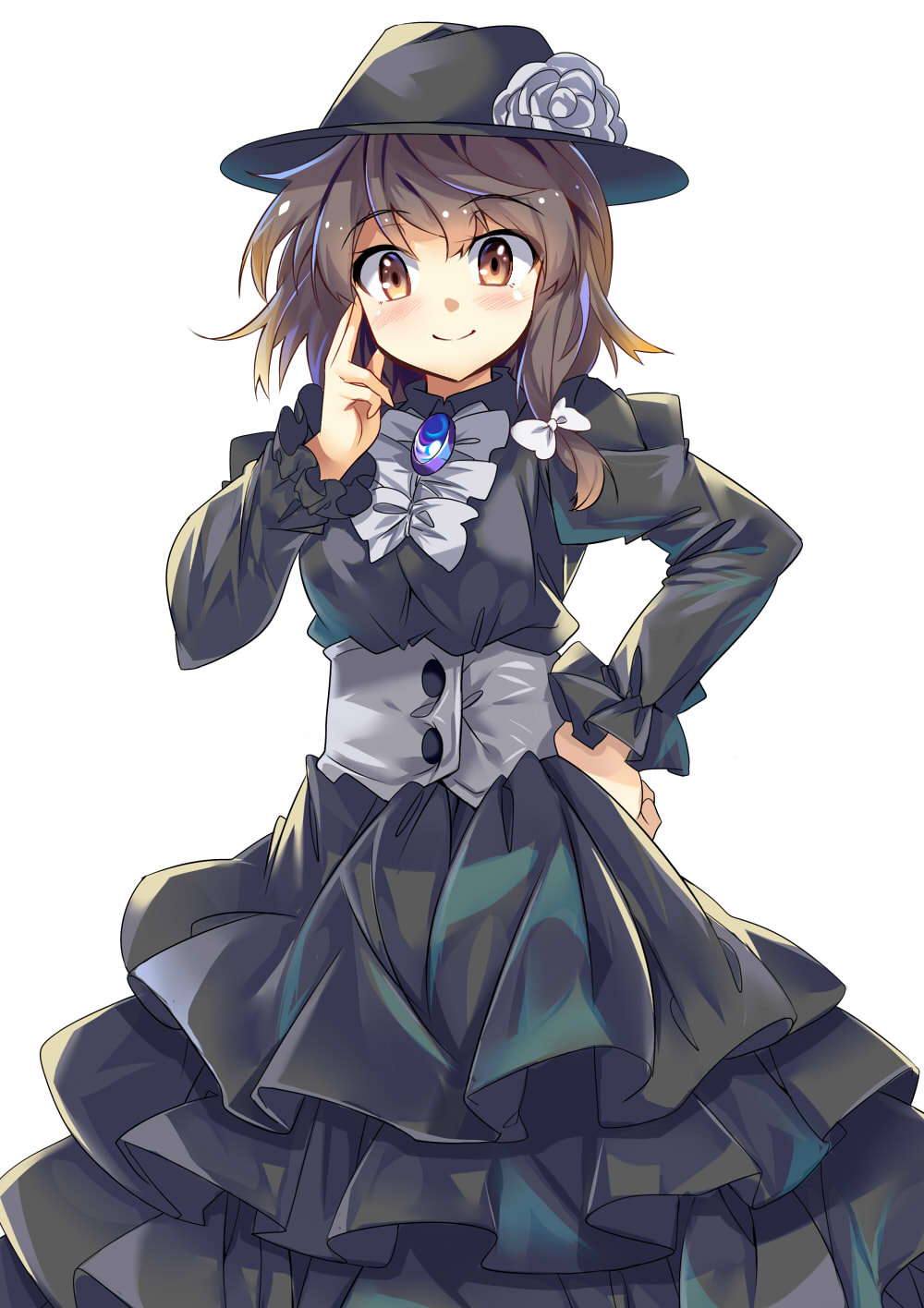1girl alternate_costume bangs black_dress black_hat blush bow brooch brown_eyes brown_hair buttons closed_mouth collared_dress corset cowboy_shot dress e.o. eyebrows_visible_through_hair fedora flower frilled_dress frilled_sleeves frills gem hair_bow hair_ribbon hand_on_hip hat hat_flower highres jewelry juliet_sleeves layered_dress long_sleeves looking_at_viewer puffy_sleeves ribbon simple_background smile solo standing tareme touhou tress_ribbon usami_renko white_background white_bow white_flower