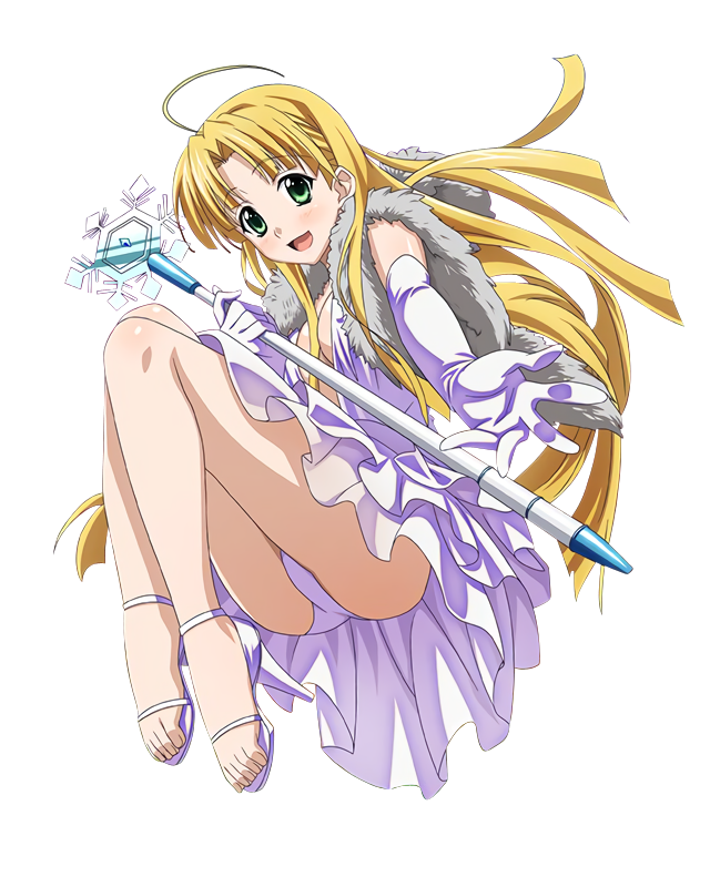 1girl :d ahoge asia_argento blonde_hair blush breasts cleavage dress elbow_gloves eyebrows_visible_through_hair floating_hair full_body gloves green_eyes high_heels high_school_dxd holding holding_staff long_hair medium_breasts open_mouth panties sleeveless sleeveless_dress smile snowflakes solo staff transparent_background underwear very_long_hair white_dress white_gloves white_panties