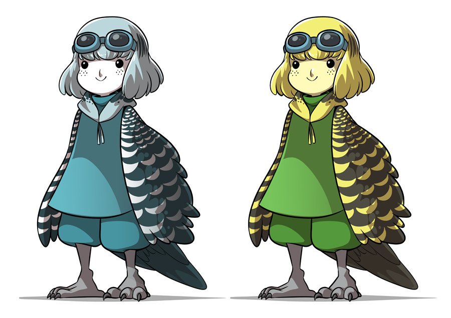 2girls black_eyes blonde_hair blue_eyes claws freckles goggles goggles_on_head harpy mary_cagle monster_girl multiple_girls original smile wings
