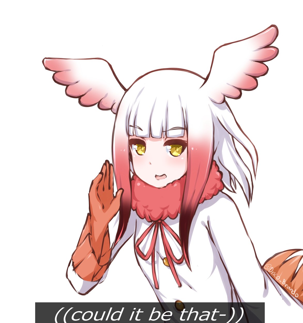 1girl crested_ibis_(kemono_friends) disco_brando english eyebrows_visible_through_hair hand_to_own_mouth highres kemono_friends long_sleeves multicolored_hair neck_ruff simple_background smug twitter_username two-tone_hair whispering white_background white_hair yellow_eyes
