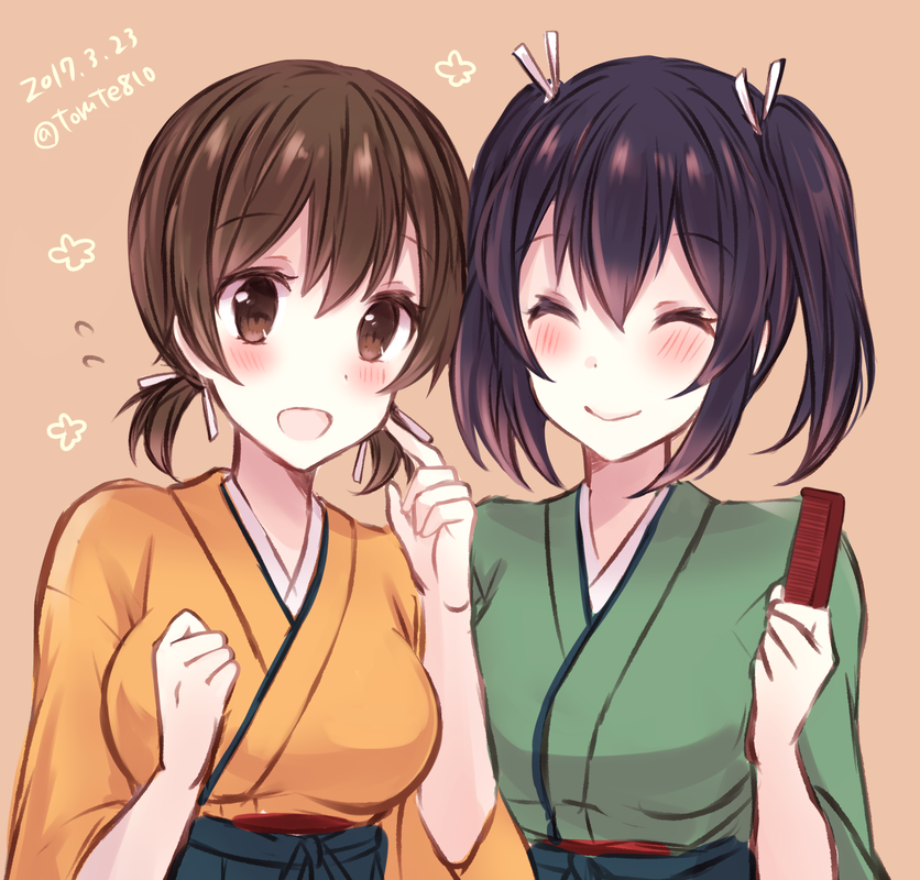 2017 2girls :d ^_^ alternate_hairstyle black_hakama blue_hair blush brown_background brown_eyes brown_hair closed_eyes dated green_kimono hakama hiryuu_(kantai_collection) japanese_clothes kabocha_torute kantai_collection kimono multiple_girls open_mouth short_hair short_twintails simple_background smile souryuu_(kantai_collection) twintails twitter_username yellow_kimono