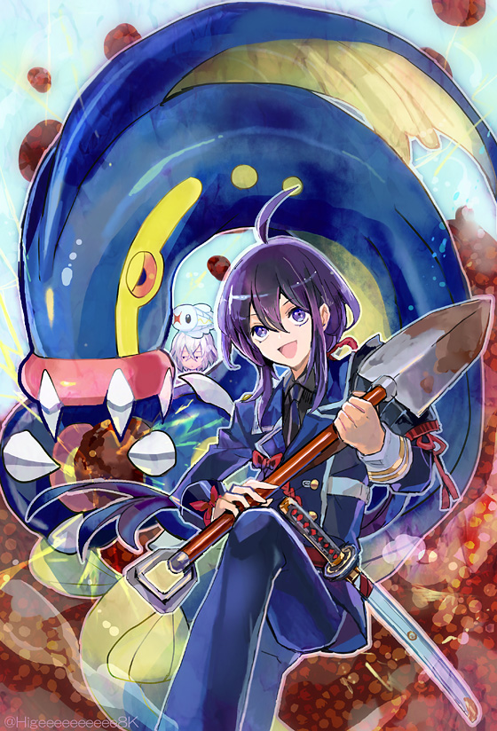 2boys :d ahoge black_hair eelektross honebami_toushirou kantarou_(8kan) male_focus military military_uniform multiple_boys namazuo_toushirou necktie open_mouth pokemon pokemon_(creature) ponytail shovel smile sword touken_ranbu tynamo uniform violet_eyes wakizashi weapon white_hair worktool