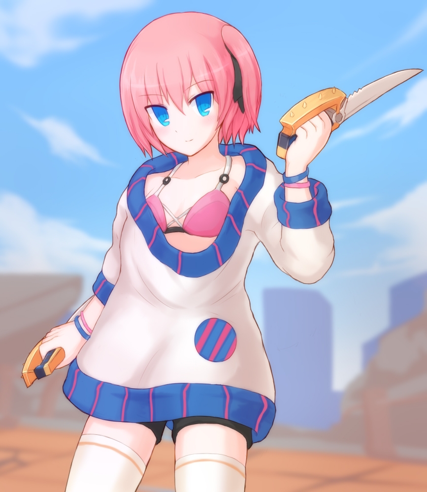 1girl blue_eyes breasts closers looking_at_viewer open_mouth oversized_clothes pink_hair ribbon seulbi_lee short_hair side_ponytail small_breasts smile solo suta_(clusta)