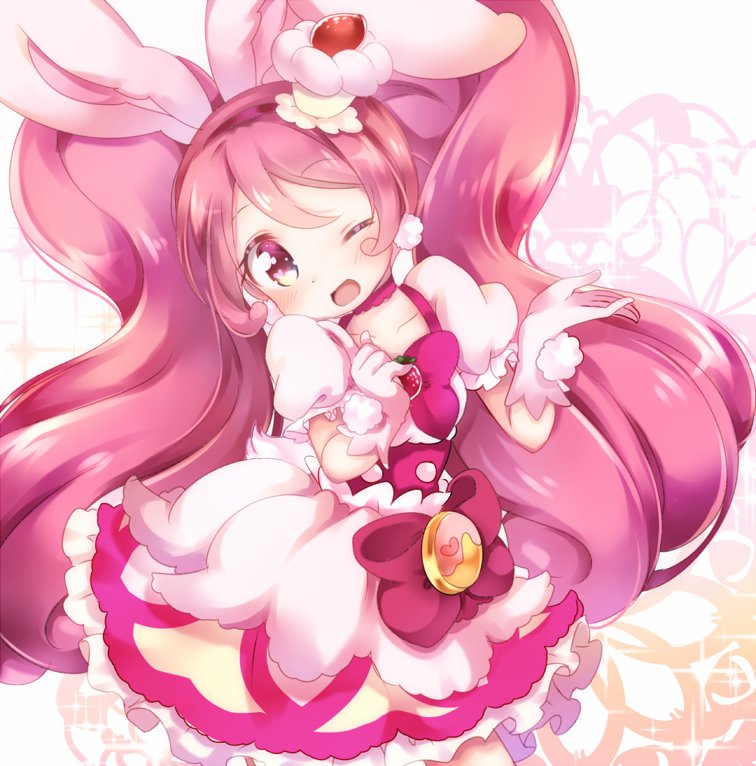 1girl ;d animal_ears bangs blush bow brooch choker clenched_hand commentary_request cupcake cure_whip dress extra_ears food food_themed_hair_ornament fruit gloves hair_ornament hairband jewelry kirakira_precure_a_la_mode kofa_(ikyurima) long_hair looking_at_viewer magical_girl one_eye_closed open_mouth pink_gloves pink_hair pom_pom_(clothes) pom_pom_earrings precure puffy_short_sleeves puffy_sleeves rabbit_ears short_sleeves smile solo strawberry twintails usami_ichika