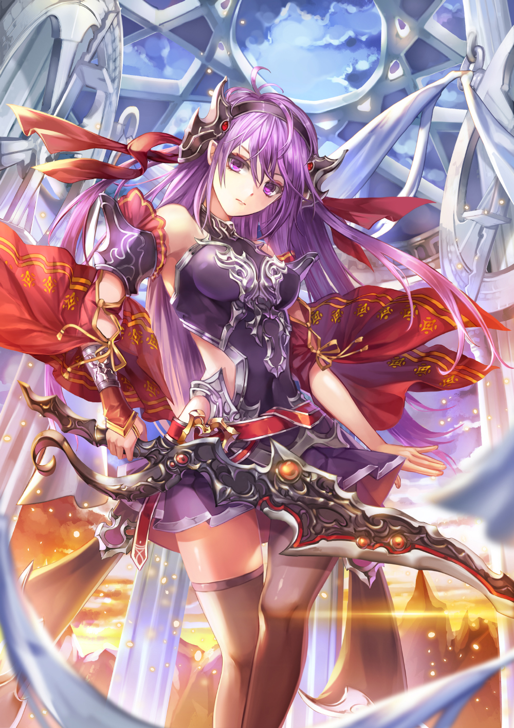 1girl brown_legwear cape highres holding holding_sword holding_weapon indoors looking_at_viewer purple_hair red_cape shente_(sharkpunk) solo standing sword thigh-highs violet_eyes weapon