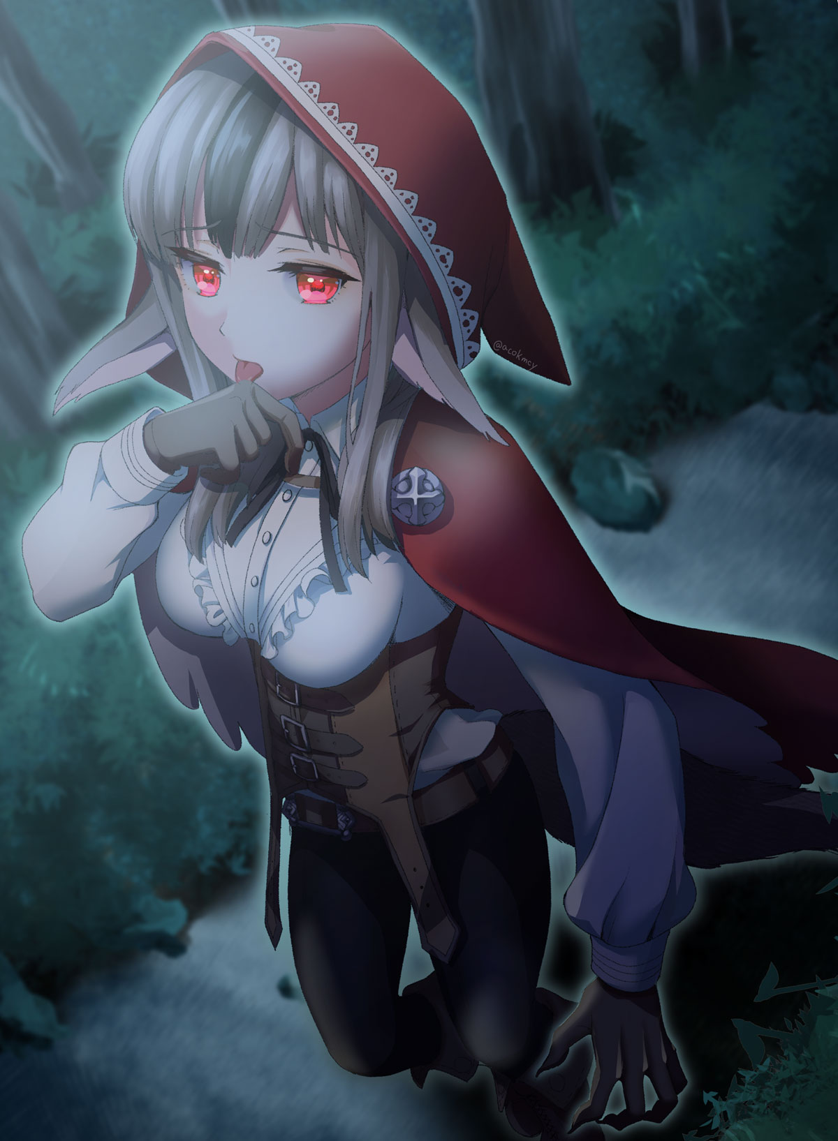 1girl animal_ears artist_name black_hair capelet fire_emblem fire_emblem_if full_body gloves grey_hair highres hood kumehara_chiyota leaf long_hair multicolored_hair night red_eyes rock solo tail tongue tongue_out tree two-tone_hair velour_(fire_emblem_if) wolf_ears wolf_tail
