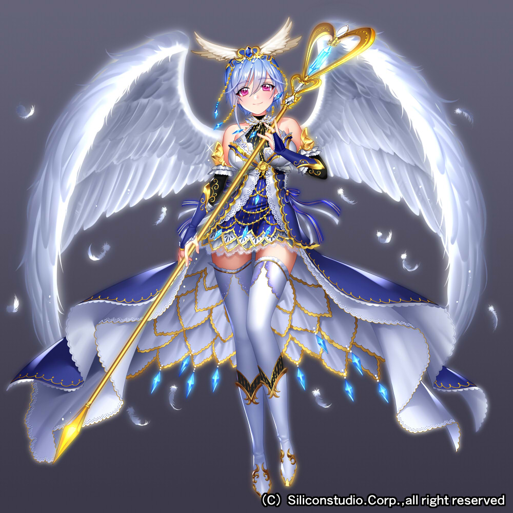 1girl airspace bare_shoulders blue_hair boots company_name feathered_wings full_body grey_background gyakushuu_no_fantasica official_art pink_eyes solo staff thigh-highs tiara wings