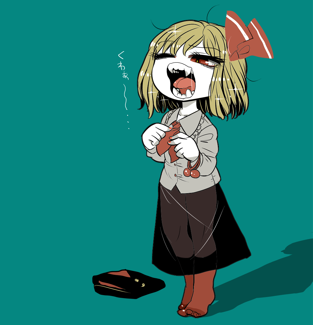 1girl ascot blonde_hair bow dressing fangs folded_clothes frilled_shirt_collar frills grey_shirt hair_bow no_shoes open_mouth red_eyes red_legwear rumia saliva see-through shiny shiny_hair shirt short_hair simple_background socks solo sparkle teal_background teeth thighs touhou vest_removed waking_up yawning yellow_pupils yt_(wai-tei)