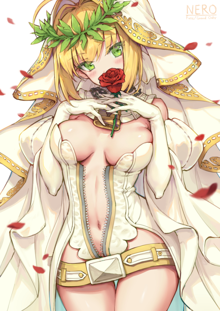 1girl ahoge beltskirt blonde_hair breasts center_opening character_name cowboy_shot detached_collar elbow_gloves eyebrows_visible_through_hair eyes_visible_through_hair fate/extra fate/extra_ccc fate_(series) flower gloves gou_(ga673899) green_eyes hair_intakes hands_together head_tilt large_breasts looking_at_viewer navel petals rose saber_bride saber_extra solo thigh_gap unzipped veil white_gloves