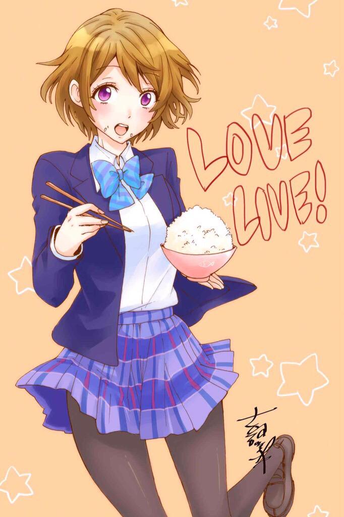 1girl black_legwear blazer blue_bow blue_bowtie bow bowl bowtie brown_hair collared_shirt commentary_request copyright_name food food_on_face holding holding_bowl holding_chopsticks jacket koizumi_hanayo loafers long_sleeves looking_at_viewer love_live! love_live!_school_idol_project open_mouth pantyhose plaid plaid_skirt pleated_skirt rice rice_bowl rice_on_face shirt shoes short_hair signature skirt solo striped striped_bow striped_bowtie violet_eyes yoshikawa_miki