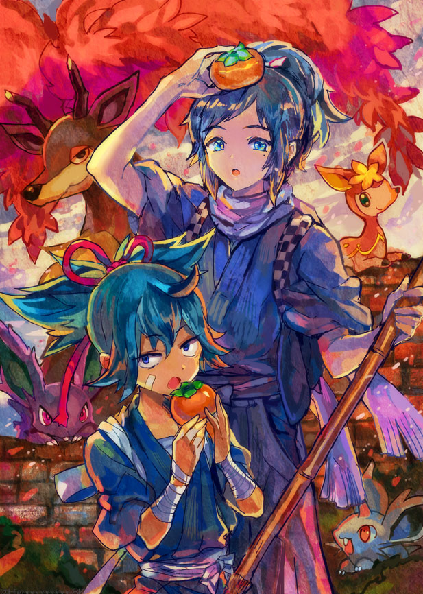 2boys black_hair blue_eyes blue_hair brick_wall broom deerling food fruit japanese_clothes kantarou_(8kan) male_focus mole mole_under_eye multiple_boys nidoran open_mouth persimmon pokemon pokemon_(creature) ponytail sawsbuck sayo_samonji scarf touken_ranbu yamato-no-kami_yasusada