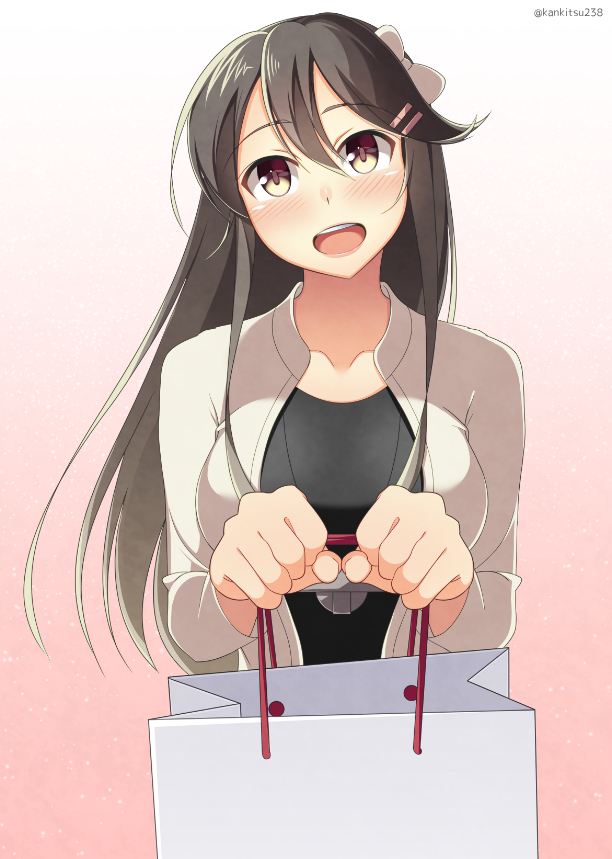 1girl bag black_hair black_shirt brown_eyes collarbone gradient gradient_background hair_between_eyes hair_ornament hairclip haruna_(kantai_collection) jacket kankitsunabe_(citrus) kantai_collection long_hair long_sleeves open_mouth pink_background shirt shopping_bag smile solo teeth twitter_username white_jacket