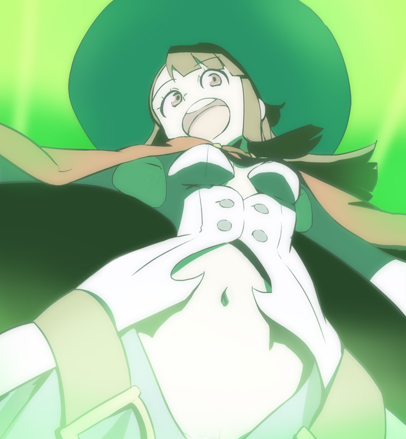 1girl belly_button breasts brown_hair from_below green green_background haruyama_kazunori hat kagari_atsuko little_witch_academia long_hair navel open_mouth red_eyes solo witch_hat