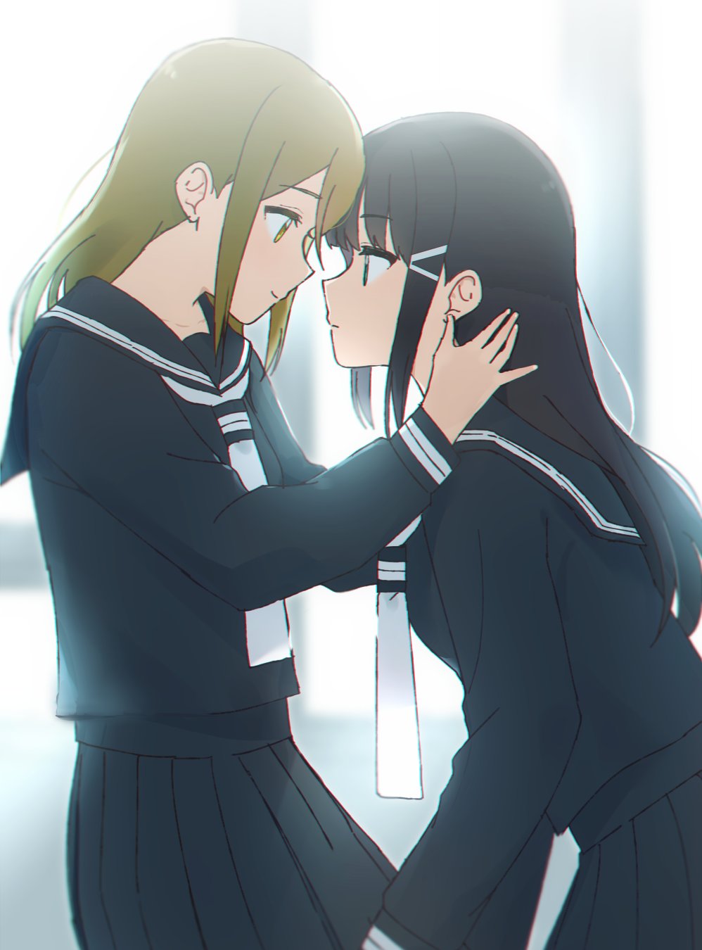 2girls backlighting bangs black_hair black_serafuku black_skirt blunt_bangs brown_eyes brown_hair eye_contact face-to-face green_eyes hair_ornament hand_on_another's_head highres kunikida_hanamaru kurosawa_dia long_hair long_sleeves looking_at_another love_live! love_live!_sunshine!! multiple_girls neckerchief pleated_skirt school_uniform sellel serafuku skirt smile yuri