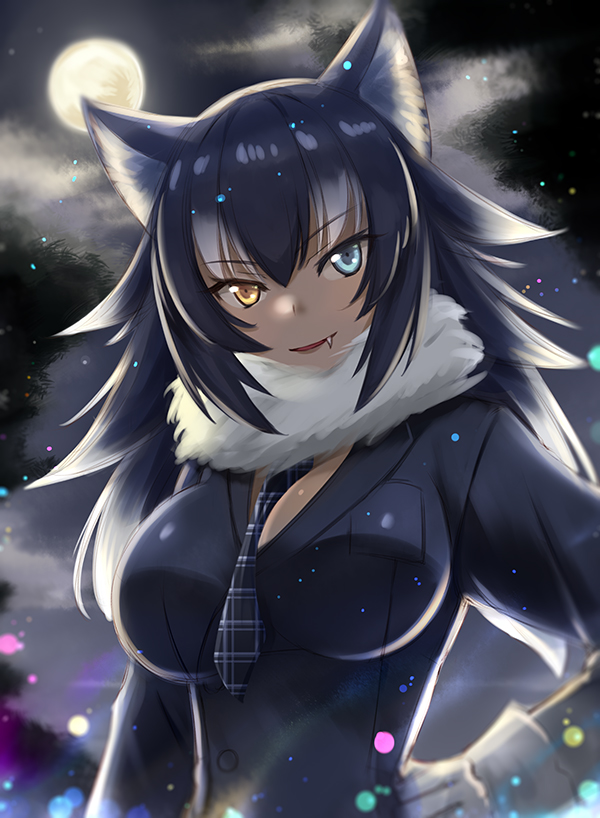 1girl animal_ears between_breasts black_hair blue_eyes breasts fang_out full_moon fur_collar gloves grey_wolf_(kemono_friends) hand_on_hip heterochromia kemono_friends long_hair looking_at_viewer moon multicolored_hair necktie necktie_between_breasts r_choko solo tail two-tone_hair wolf_ears wolf_tail yellow_eyes