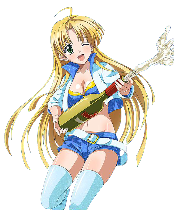 1girl ;d ahoge asia_argento belt blonde_hair blue_legwear blue_shorts bottle breasts cleavage crop_top eyebrows_visible_through_hair floating_hair green_eyes groin high_school_dxd holding holding_bottle jacket long_hair medium_breasts midriff navel one_eye_closed open_clothes open_jacket open_mouth shiny shiny_skin short_shorts shorts smile solo stomach thigh-highs transparent_background very_long_hair
