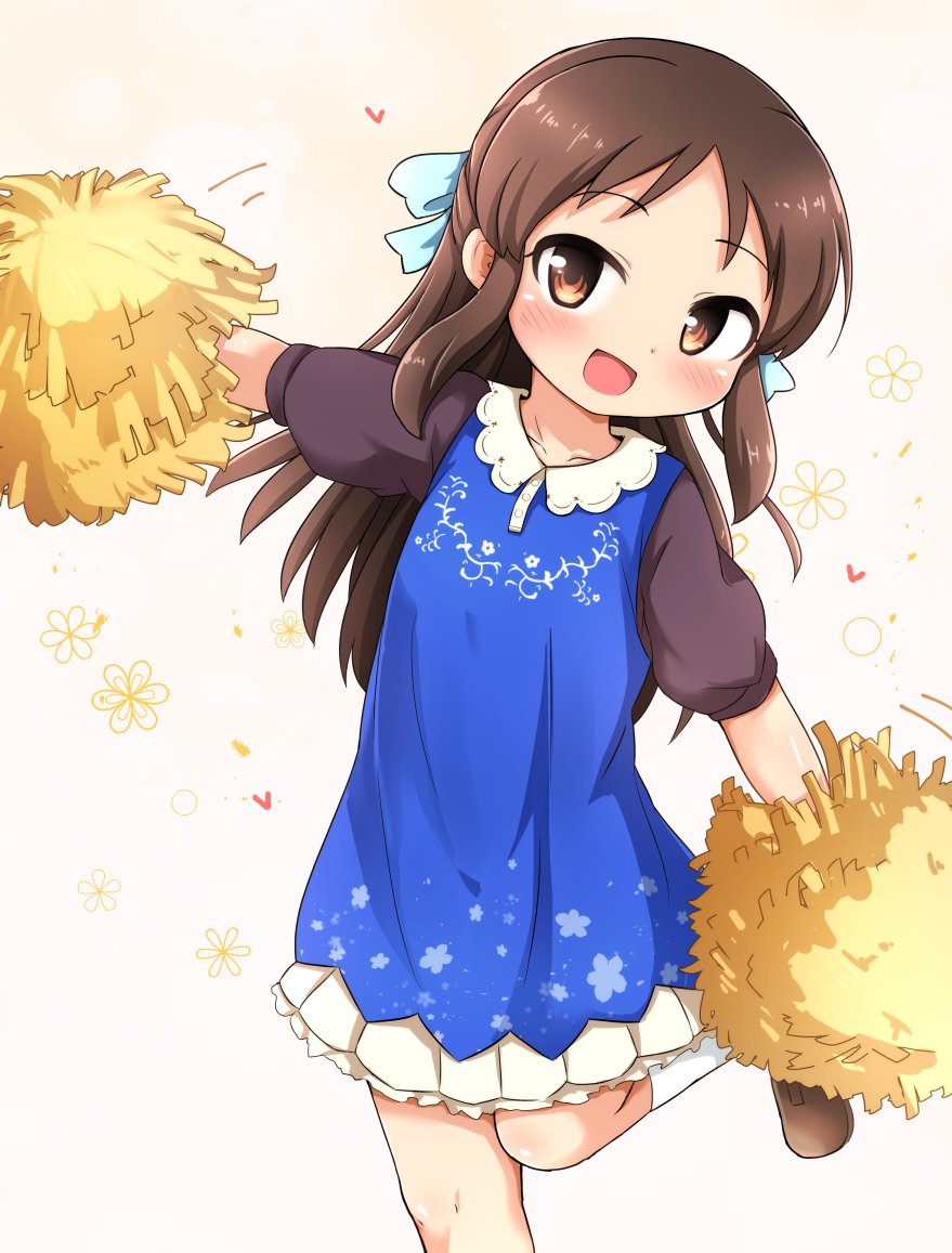 1girl brown_eyes brown_hair cheerleader idolmaster idolmaster_cinderella_girls kneehighs leg_lift long_hair open_mouth outstretched_arms pom_poms ribbon shirt shoes skirt smile solo standing standing_on_one_leg sunnysideberry tachibana_arisu white_legwear