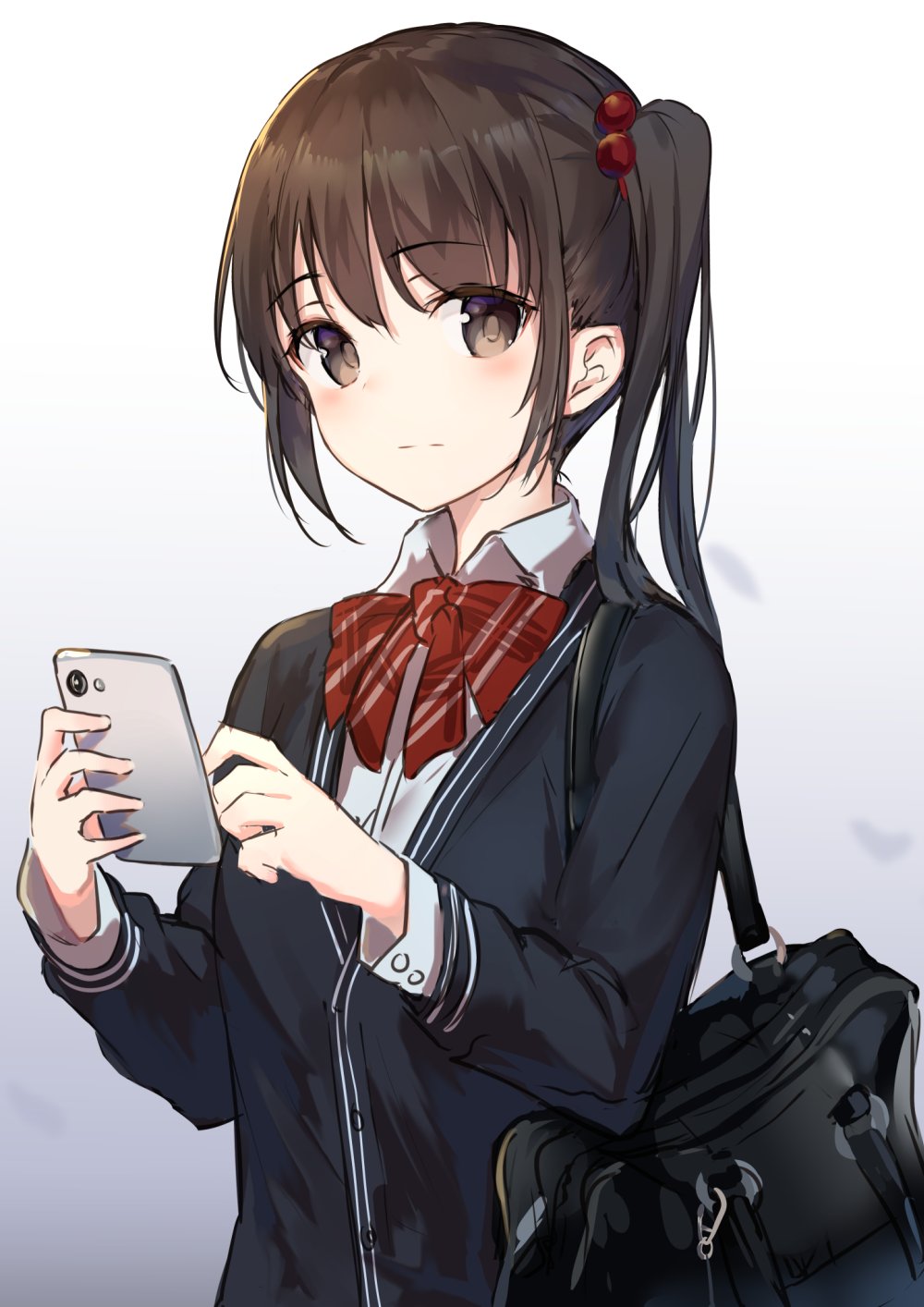 1girl ato_(haru_ato) bag bag_charm bangs blue_background blush brown_eyes brown_hair cellphone closed_mouth collared_shirt eyebrows_visible_through_hair gradient gradient_background hair_bobbles hair_ornament hands_up highres holding holding_phone long_hair looking_at_viewer original phone school_bag school_uniform shirt shoulder_bag side_ponytail smartphone solo upper_body white_shirt