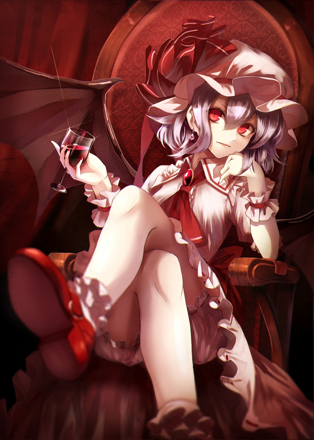 1girl alcohol ascot bat_wings bloomers bobby_socks brooch chair cup dress drinking_glass earrings fami_(yellow_skies) hat highres jewelry legs_crossed lips mary_janes nail_polish purple_hair red_eyes red_nails remilia_scarlet revision shoes short_hair sitting slit_pupils smile socks solo throne touhou underwear white_legwear wine wine_glass wings wrist_cuffs