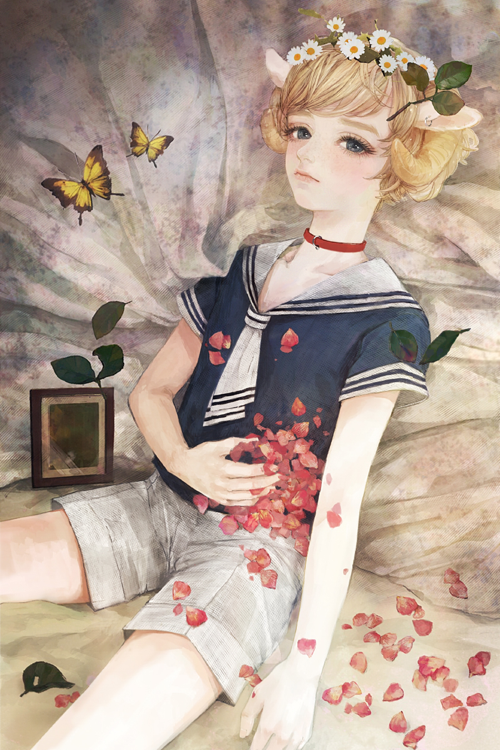 1girl amber_tobi androgynous animal_ears bed_sheet blonde_hair blouse blue_blouse blue_eyes butterfly closed_mouth collar eyelashes flower from_above grey_shorts hair_flower hair_ornament head_wreath horns leaf lips looking_at_viewer nose on_bed original petals picture_frame red_collar sailor sailor_collar sheep_ears sheep_girl sheep_horns short_hair short_sleeves shorts solo white_sailor_collar